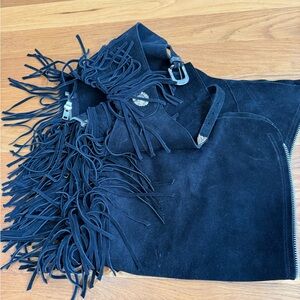 Western Fringed Full Equestrian Show Black Suede CHAPS w/ silver Chonco